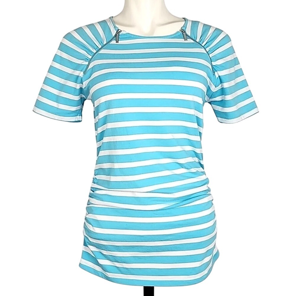 Michael Michael Kors Blue White Striped Ruched Zippers Neck Cotton Top Sz Medium